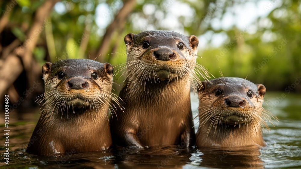 Playful Otters in a Serene River Setting Playful Otters in a Serene River Setting