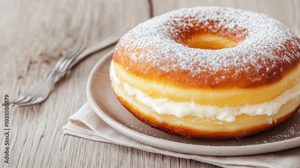 Fluffy Custard Cream Donut on a Wooden Table Fluffy Custard Cream Donut on a Wooden Table