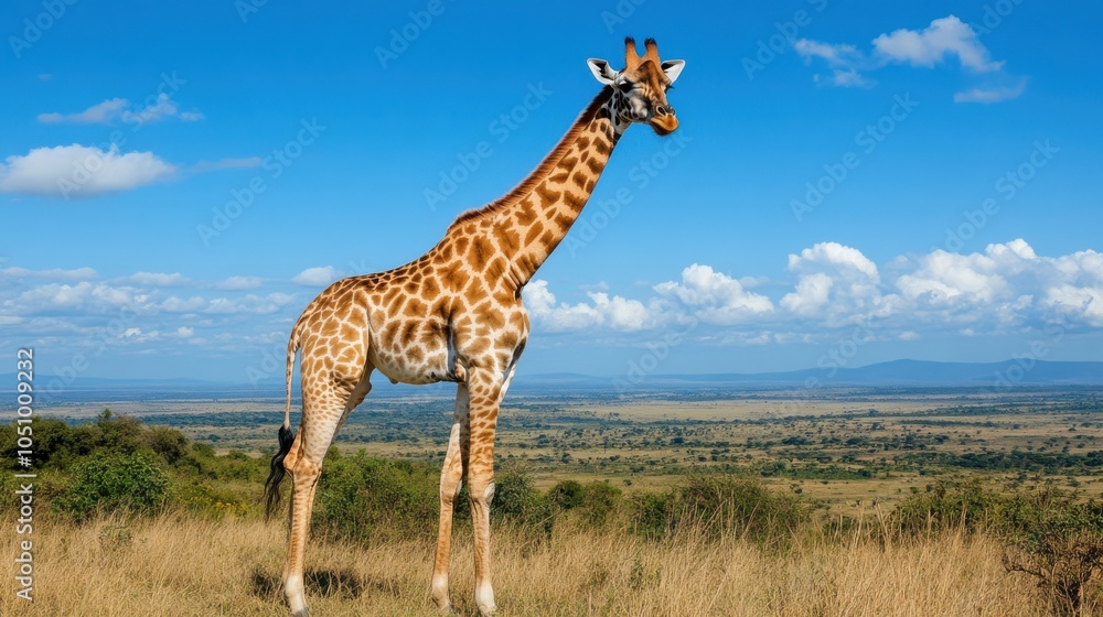 Fototapeta premium Giraffe Curiously Looks at the Camera in Nature