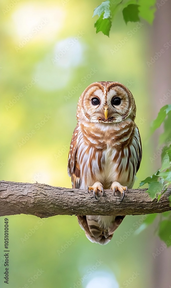A barred owl perched on a branch with a soft green and yellow background. A barred owl perched on a branch with a soft green and yellow background.