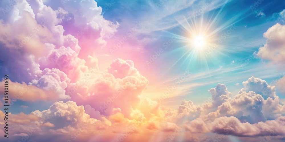A vibrant sky filled with fluffy clouds illuminated by a radiant sun, casting warm hues across the heavens. A vibrant sky filled with fluffy clouds illuminated by a radiant sun, casting warm hues across the heavens.