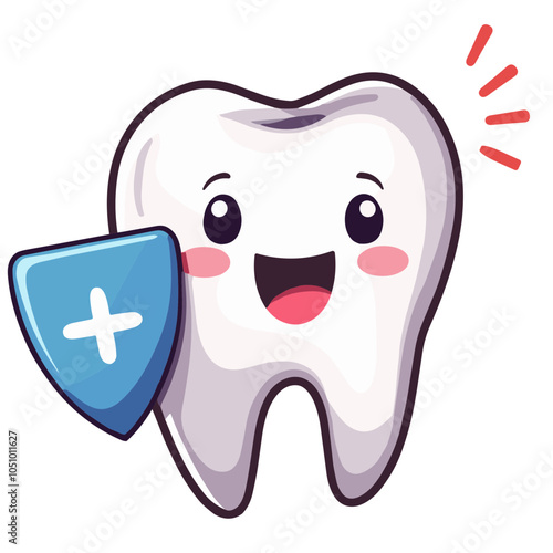 Cute tooth character with shield, vector illustration