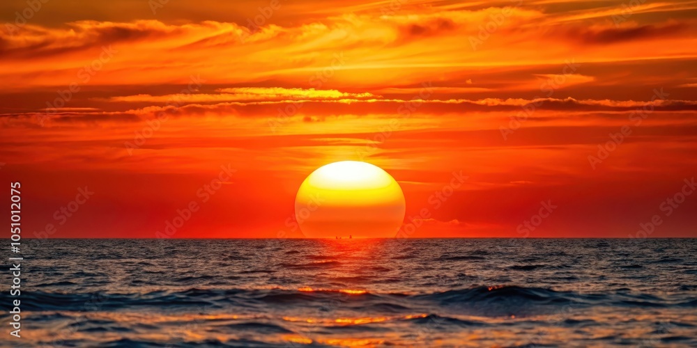 A fiery orange sunset over the vast ocean, casting warm light on the rippling waves A fiery orange sunset over the vast ocean, casting warm light on the rippling waves