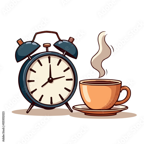 Morning routine vector illustration with alarm clock and coffee cup, cozy lifestyle concept  