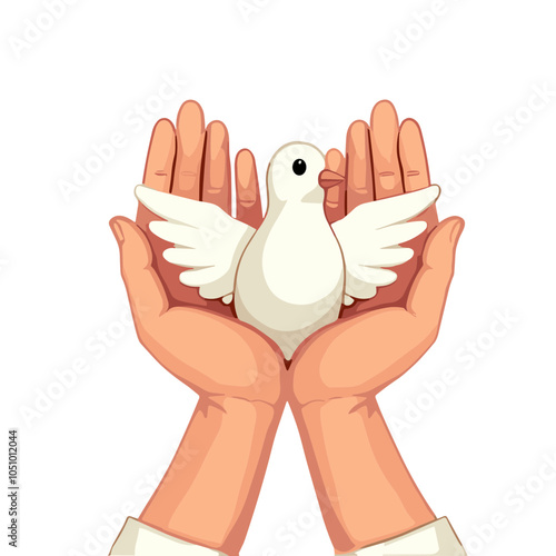 Gentle hands releasing dove vector illustration, peace and freedom concept  