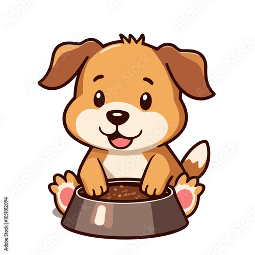 Cute cartoon puppy sitting at food bowl, vector illustration  