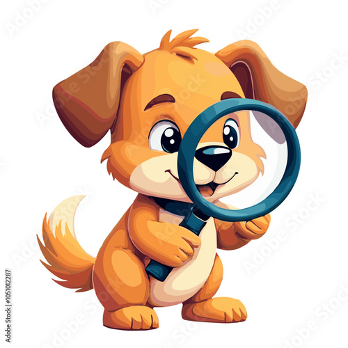 Inquisitive puppy examining with magnifying glass, explorer vector illustration    