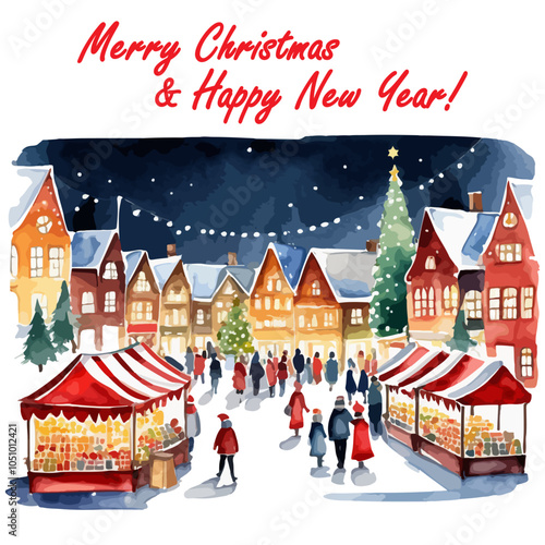 Watercolor illustration of a festive Christmas market with colorful stalls, joyful people. Vector illustration capturing the warm spirit of the holiday season drawing by hand Christmas design