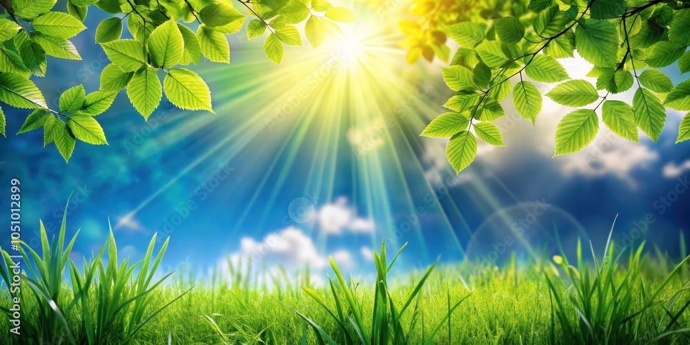 Obraz premium A sunbeam pierces through the canopy of lush green leaves, illuminating a field of verdant grass and creating a radiant backdrop