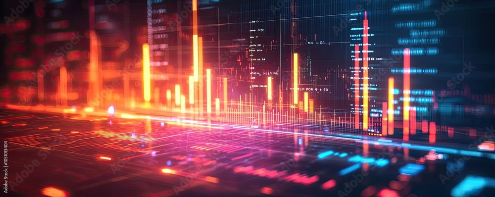 Fototapeta premium Abstract data visualization with glowing charts and graphs on dark background.