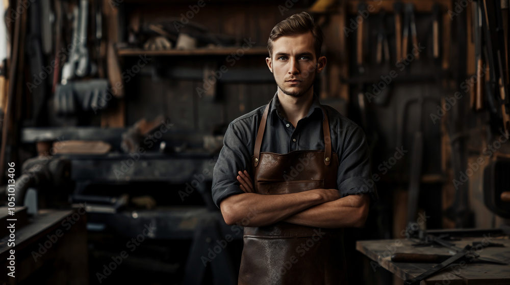Obraz premium Young Man Blacksmith in Workshop Wearing Leather Apron