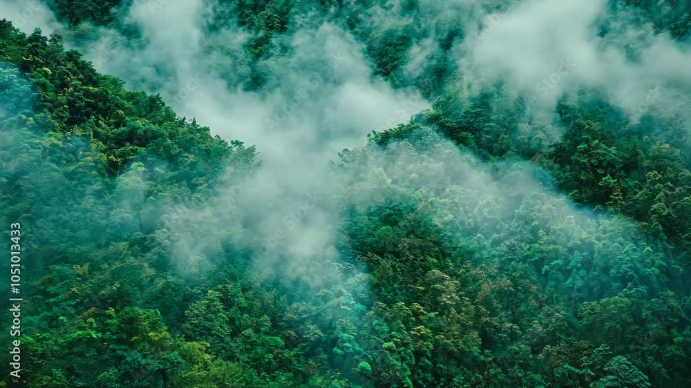 A dense forest shrouded in mist on a cloudy day A dense forest shrouded in mist on a cloudy day