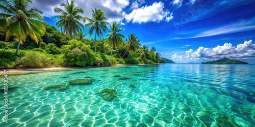 A tropical paradise with crystal clear turquoise water, palm trees swaying gently in the warm breeze, and a lush green island in the distance.