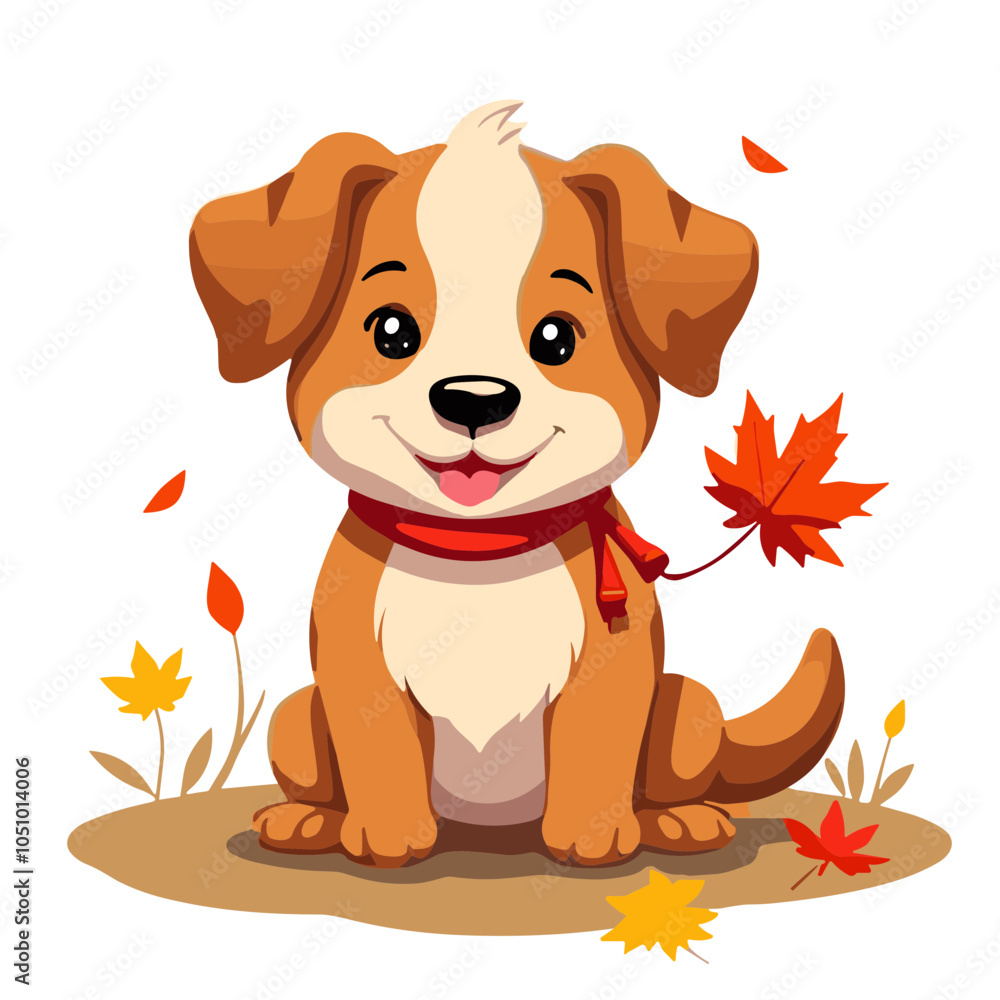 Fototapeta premium Autumn Leaves Surrounding Joyful Dog Vector