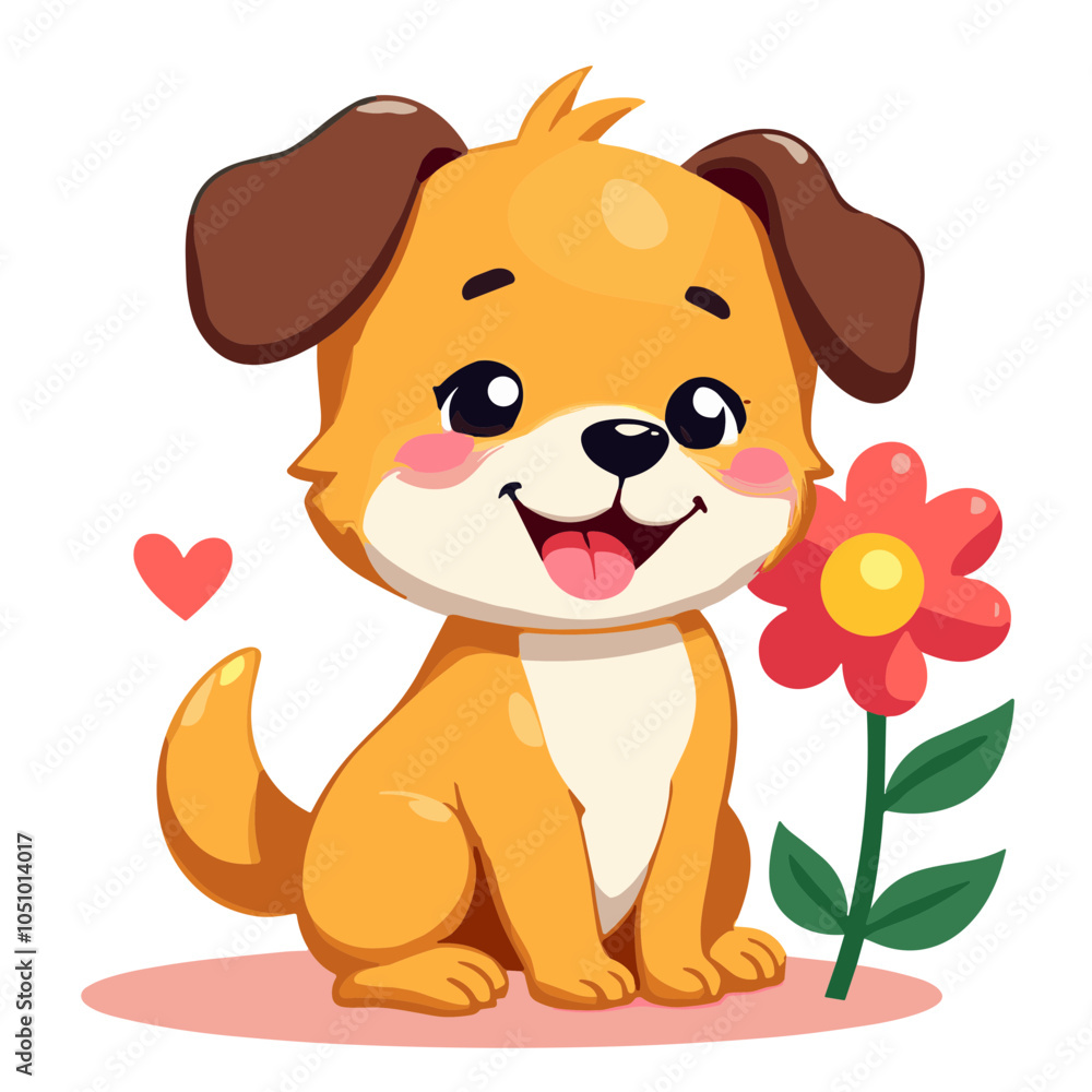 Obraz premium Smiling Puppy with Flower and Heart Vector
