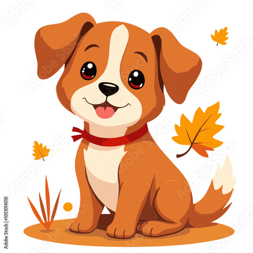 Happy Puppy in Autumn Setting Vector