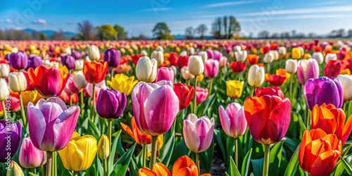 Vibrant image of colorful tulips in a blooming field