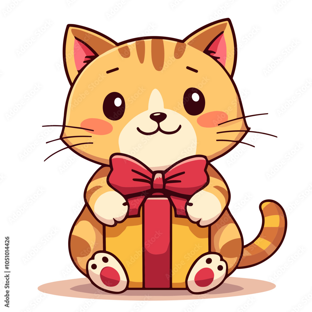 Obraz premium Gift-holding cat, holiday vector illustration of orange kitten