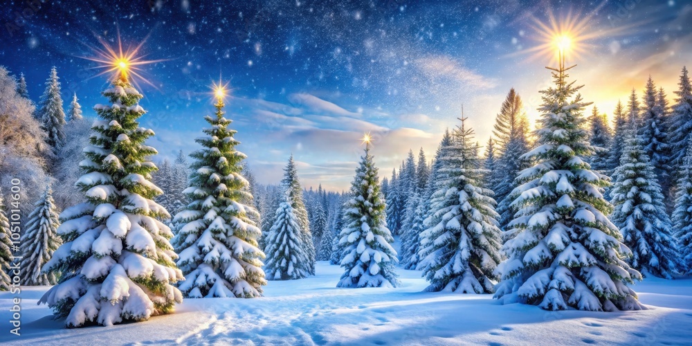 A winter wonderland with snow-covered pine trees and a bright blue sky, illuminated by the golden rays of the setting sun. A winter wonderland with snow-covered pine trees and a bright blue sky, illuminated by the golden rays of the setting sun.