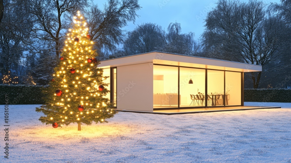Christmas party in a modern glass house sleek tree with minimalist ornaments Christmas party in a modern glass house sleek tree with minimalist ornaments