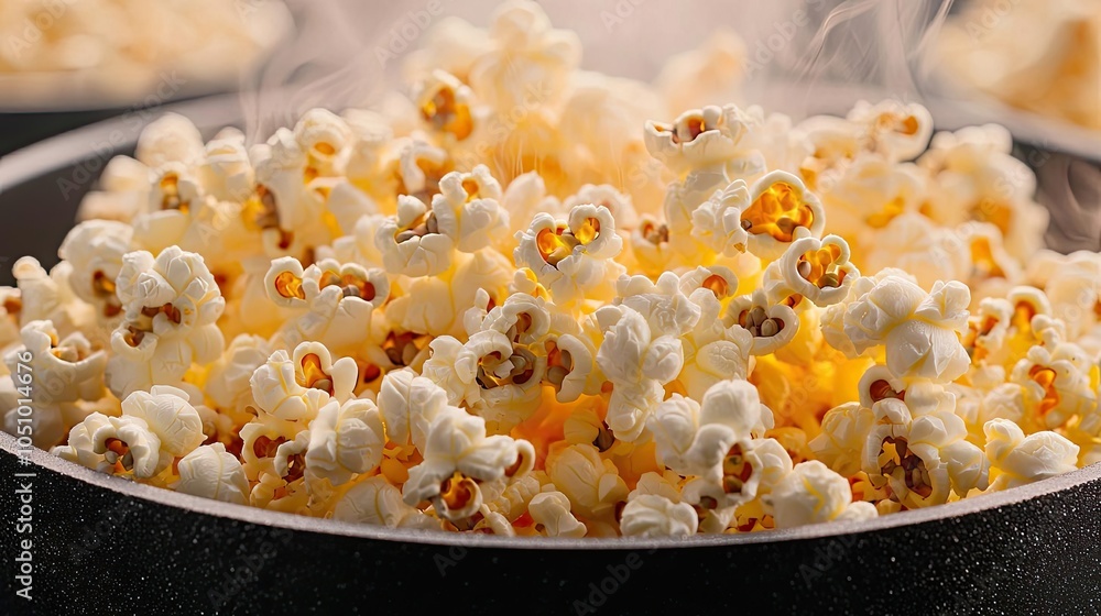 Freshly popped popcorn in a pan, warm and fluffy, on a dark background. Freshly popped popcorn in a pan, warm and fluffy, on a dark background.