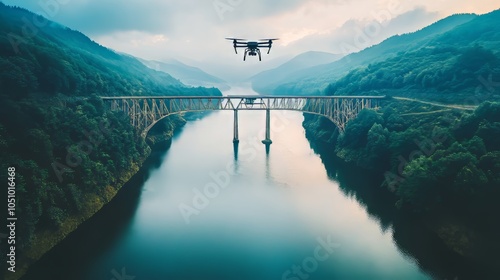 Drone hovering near bridges stretching over wide rivers hypermaximalist advertising photography hyper realistic fine detail