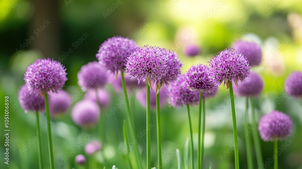 Obraz premium Purple Allium Flowers Blooming in a Summer Garden