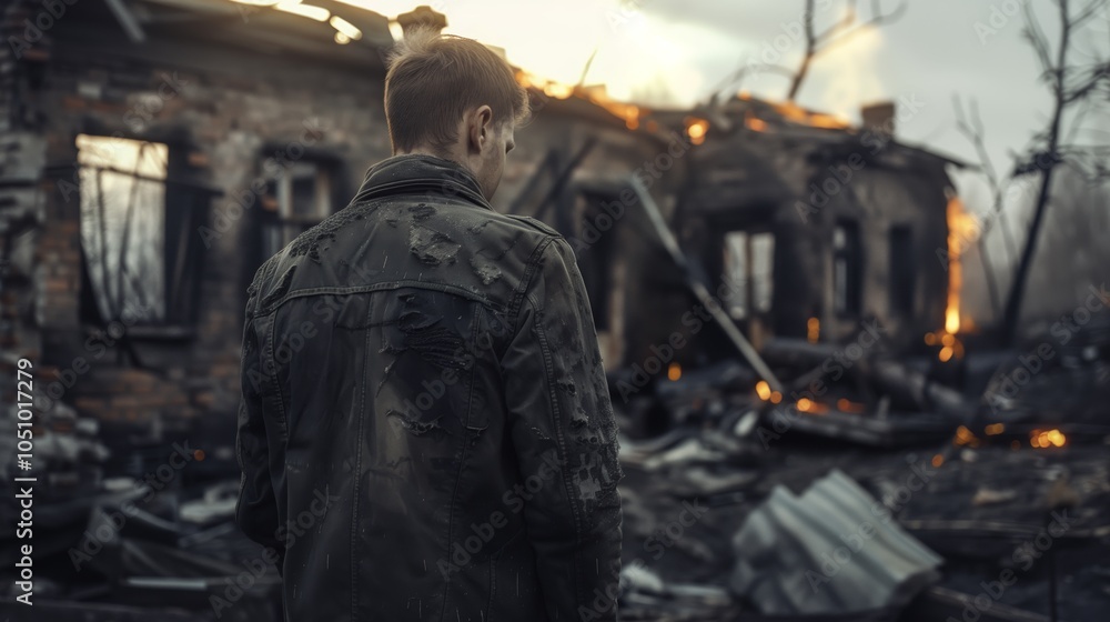 A sad man stands by his burnt home. Forest fires. Post-fire home, rocket attack. War in Ukraine. A sad man stands by his burnt home. Forest fires. Post-fire home, rocket attack. War in Ukraine.