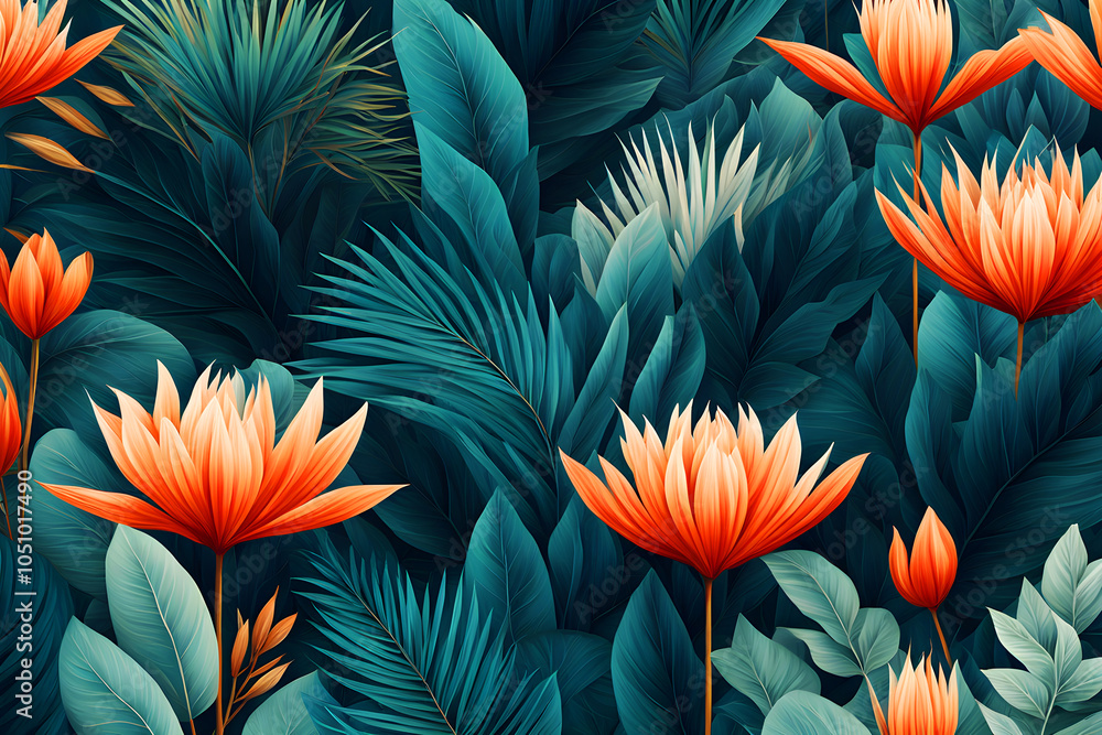 Abstract exotic boho style nature art pattern 4k wallpaper of tropical leaves and floral design, Generated by ai Abstract exotic boho style nature art pattern 4k wallpaper of tropical leaves and floral design, Generated by ai