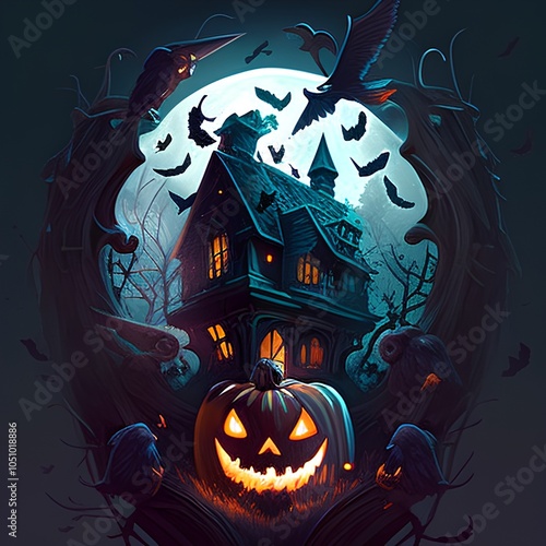 Halloween background with haunted house, bats and pumpkins. Vector illustration. photo