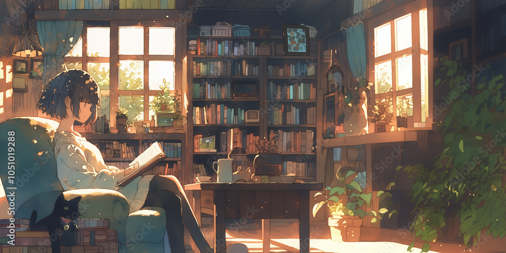 Naklejka premium 読書の時間を優雅に過ごす女の子