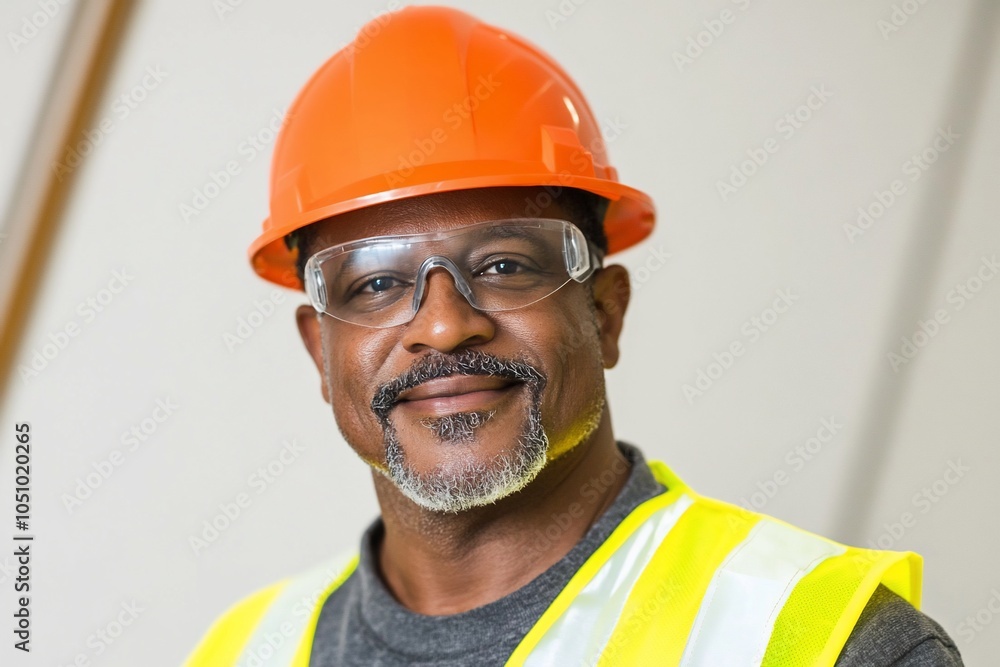 A portrait of a smiling construction worker wearing a hard hat, safety glasses and a reflective vest. A portrait of a smiling construction worker wearing a hard hat, safety glasses and a reflective vest.