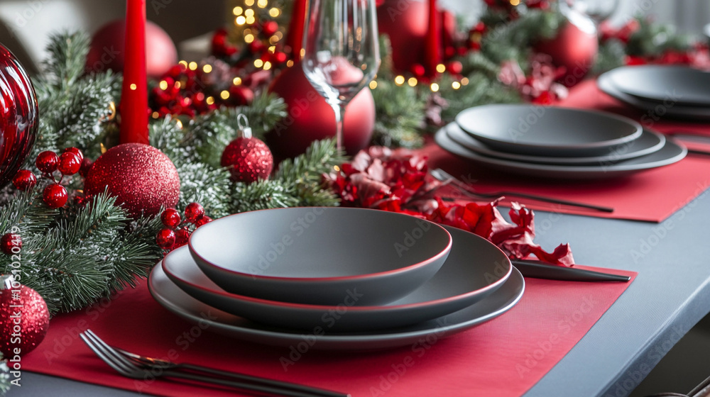 top view of christmas table setting with red theme.ai generative. top view of christmas table setting with red theme.ai generative.