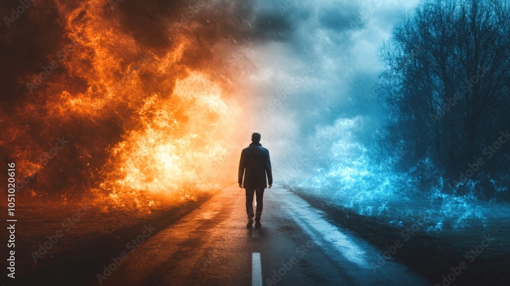 A businessman at a crossroads, choosing between a path of chaos and one of success. generative ai A businessman at a crossroads, choosing between a path of chaos and one of success. generative ai