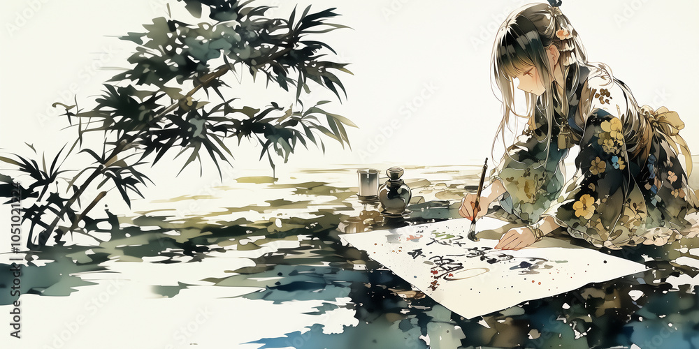 Fototapeta premium 書道を嗜む女の子