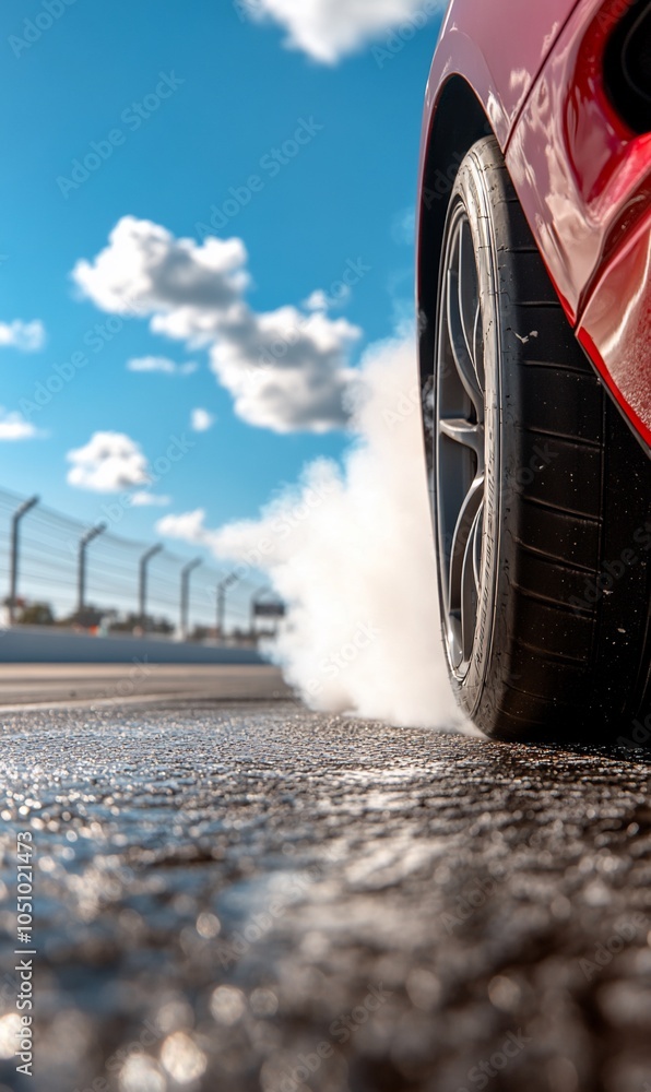 A red sports car on a racetrack, tires spinning, leaving a trail of smoke and sparks. A red sports car on a racetrack, tires spinning, leaving a trail of smoke and sparks.