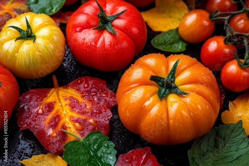 A colorful tomato garden, with a variety of tomato plants in different stages of ripeness photo