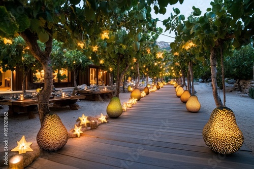 A fantasy-inspired orchard with oversized avocados and starfruit growing under a soft, mystical glow photo