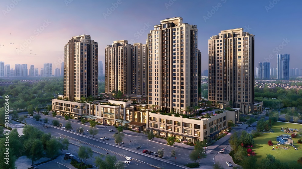 Obraz premium Luxury Apartment Complex with Retail Shops and Green Spaces