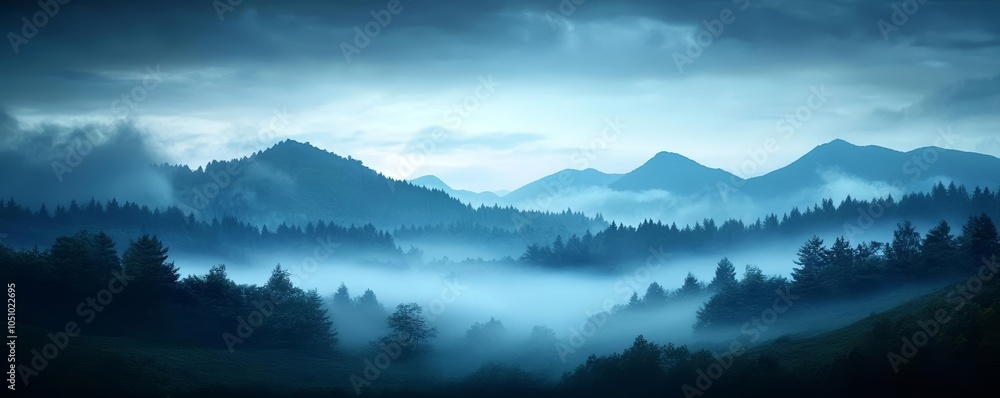 Fototapeta premium Dark moody outdoor landscape, illuminated by a soft blue light, with fog rolling in for a mysterious effect