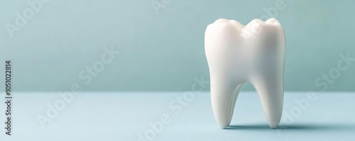 Modern dental art with a pristine tooth sculpture, clinical and clean aesthetic, blue healthcare background