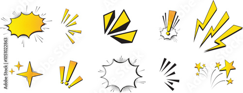 Set of comic effect shape with pop art style. Comic speech bubbles halftone dot background. Comic surprise, attention and inspiration effect. Vector illustration isolated on white background
