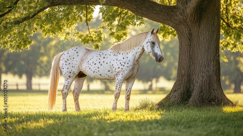 A Spotted Horse Standing in a Meadow Underneath a Tree photo