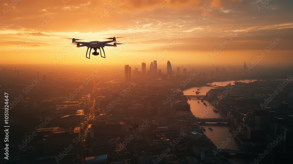 Naklejka premium Drone soaring over the skyline at golden hour hypermaximalist advertising photography hyper realistic fine detail