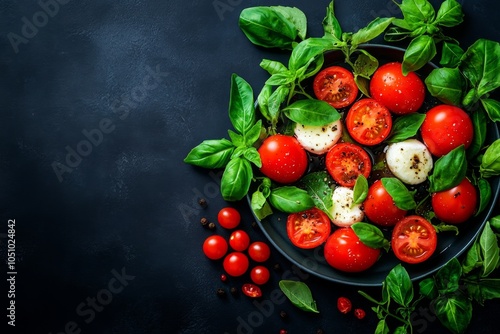 Sliced tomatoes arranged on a plate with fresh basil, mozzarella, and balsamic drizzle photo