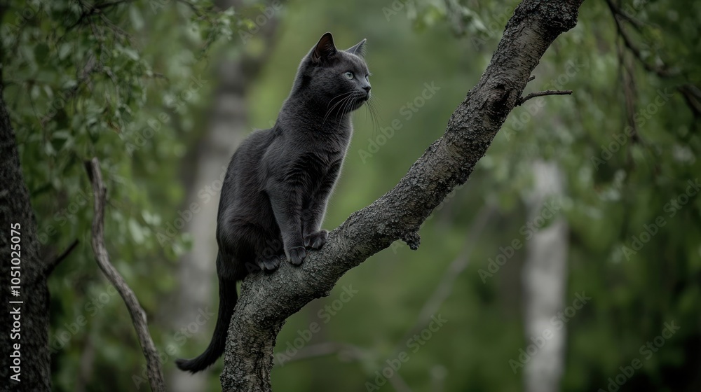 Obraz premium A Black Cat Perched on a Branch in a Lush Green Forest