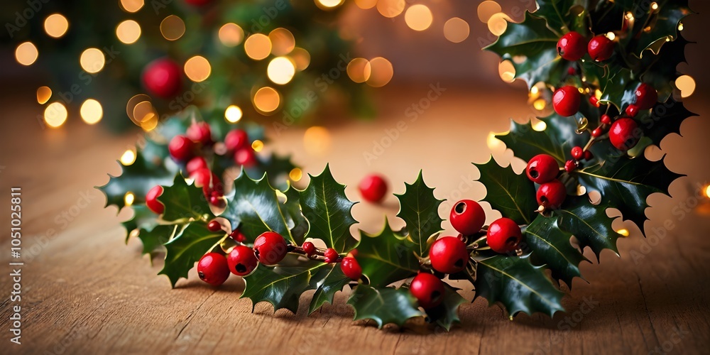 festive garland with fairy lights illuminating holly and red berries, warm bokeh background, inviting and intimate holiday atmosphere, soft-focus. festive garland with fairy lights illuminating holly and red berries, warm bokeh background, inviting and intimate holiday atmosphere, soft-focus.