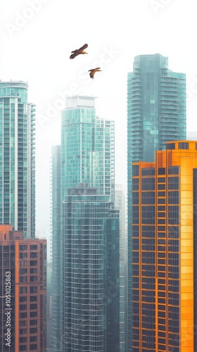 Modern City Skyline with Birds Flying in Fog