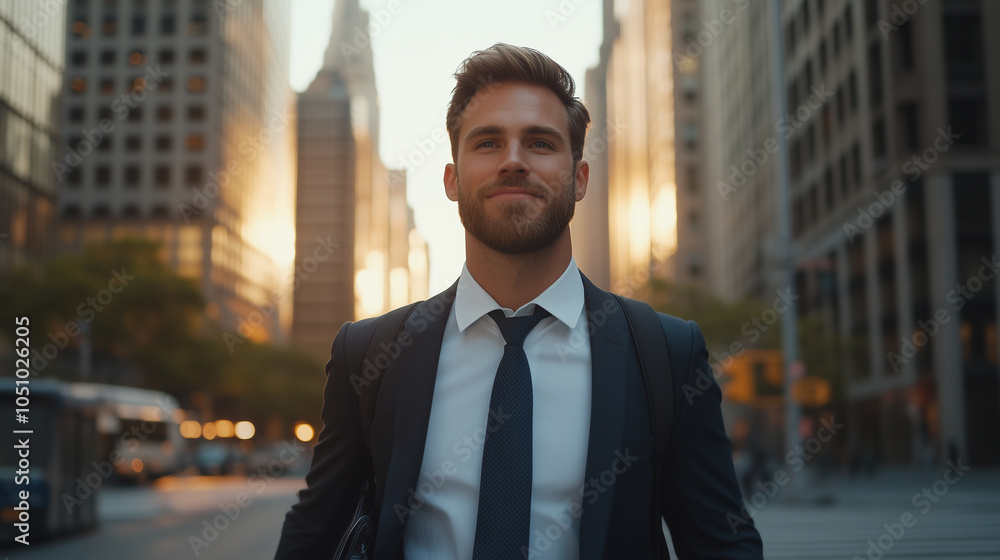 confident man in suit walks through city street at sunset, exuding professionalism and determination. urban backdrop enhances inspiring atmosphere. confident man in suit walks through city street at sunset, exuding professionalism and determination. urban backdrop enhances inspiring atmosphere.