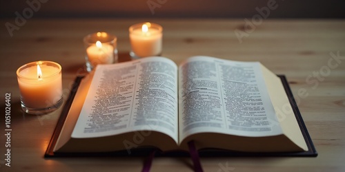 Bible open to the Book of Luke with candles around it on the left side, with soft candlelight and blank space on the right.